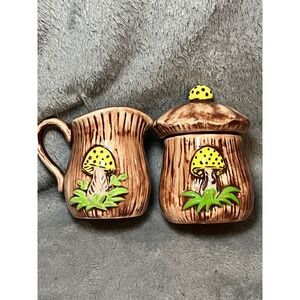 Vintage Arnel's Ceramic Mushroom Sugar Creamer Set Woodland Kitchen Brown